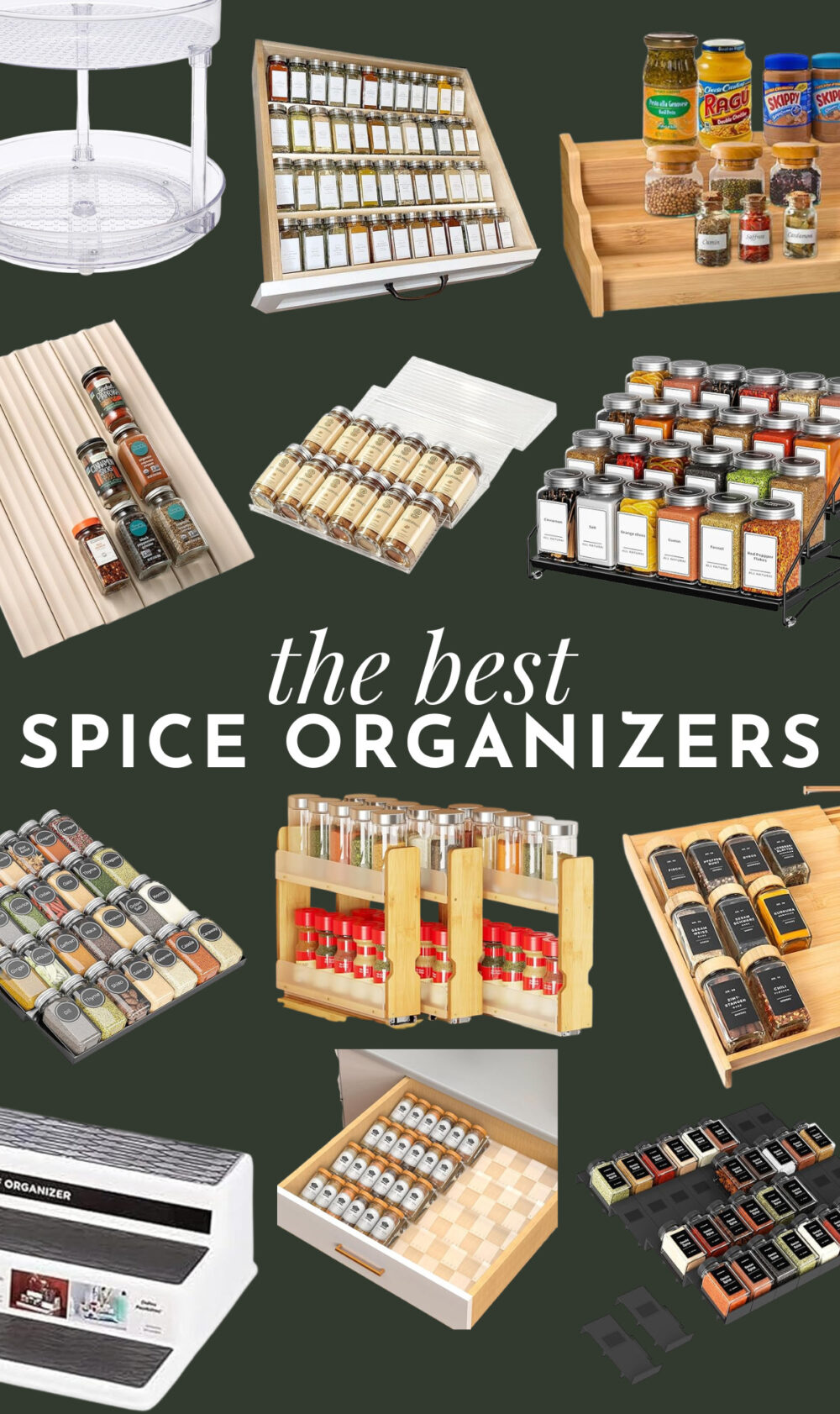 collage of spice drawer organizers and spice cabinet organizers from amazon