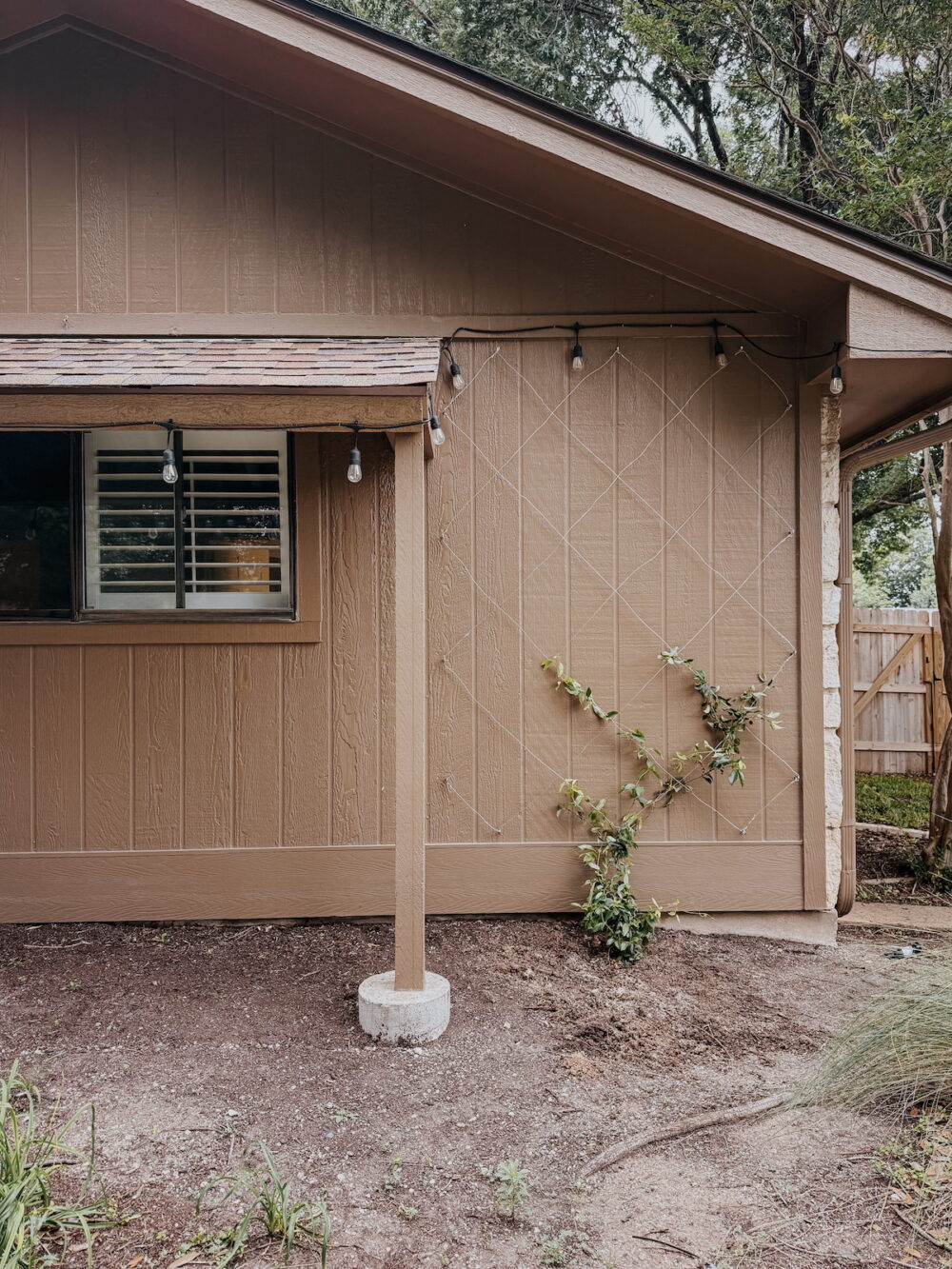 exterior wall with wire trellis for trumpet vines