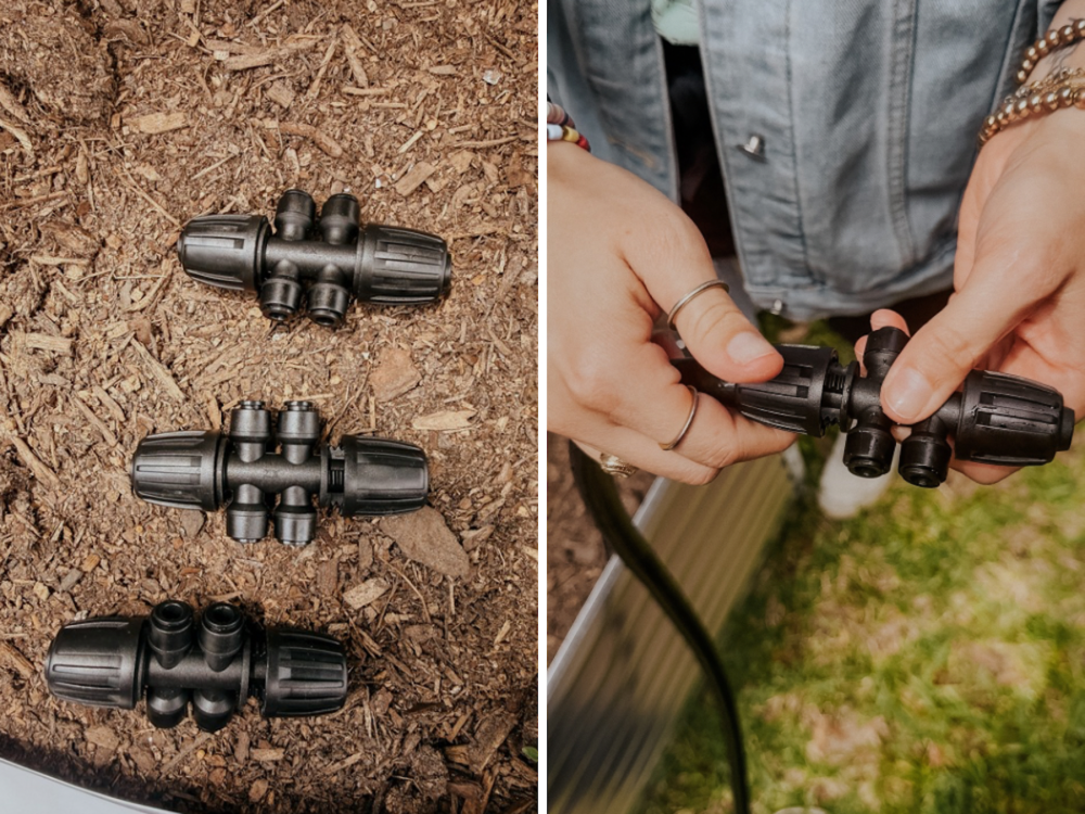 two close up images of 4-way hose splitter for drip irrigation system