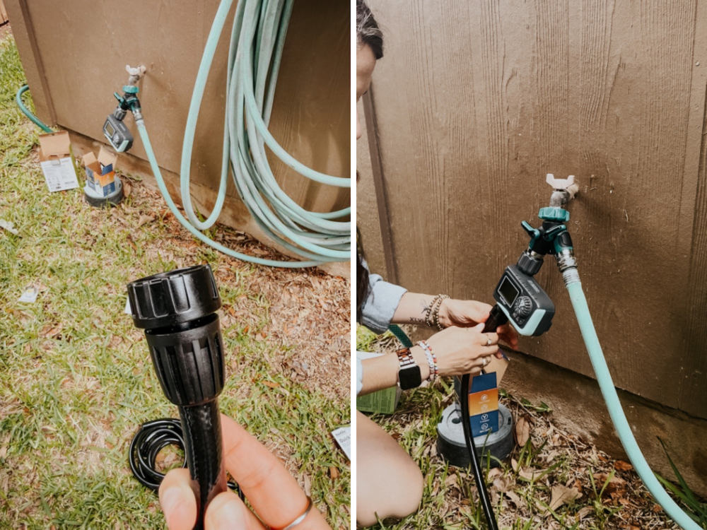 two images side by side. One is close up of a drip irrigation hose with a connector on it, and the other is a woman attaching the hose to a sprinkler timer