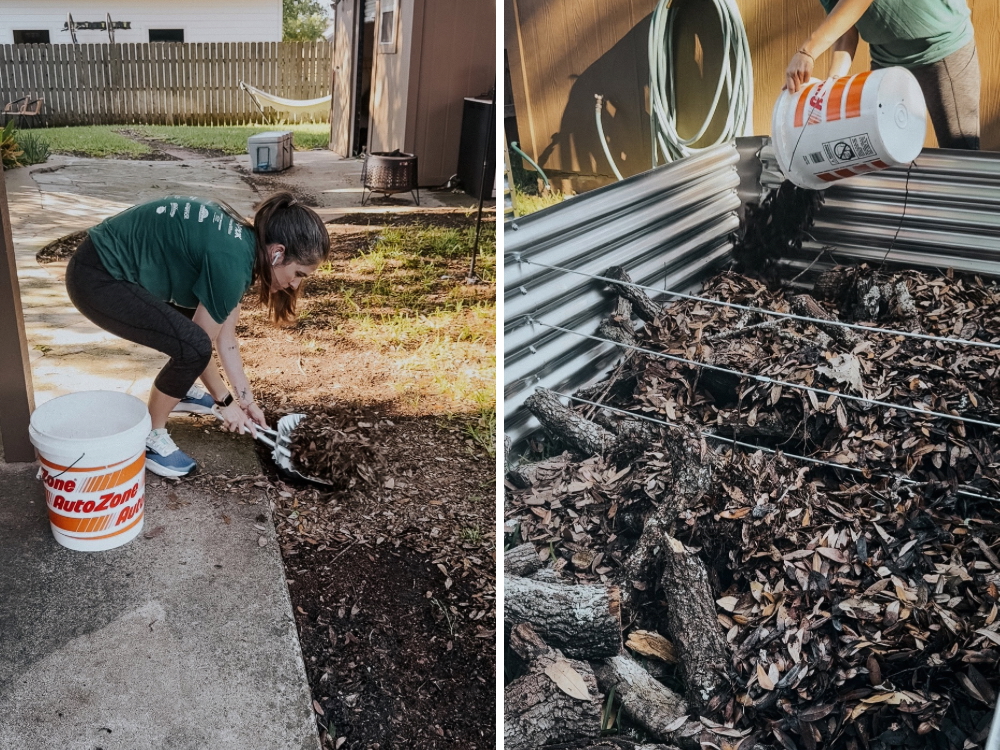 woman filling a raised garden bed with sticks and other organic materials