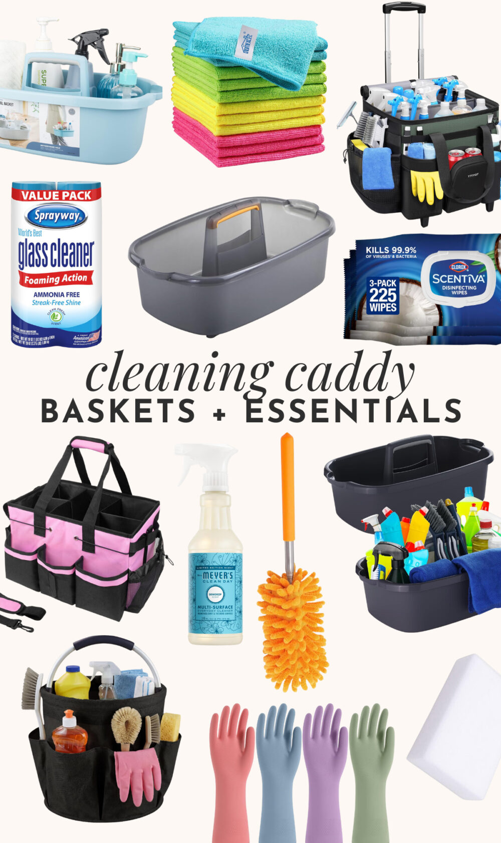 collage of cleaning caddy options and cleaning caddy supplies