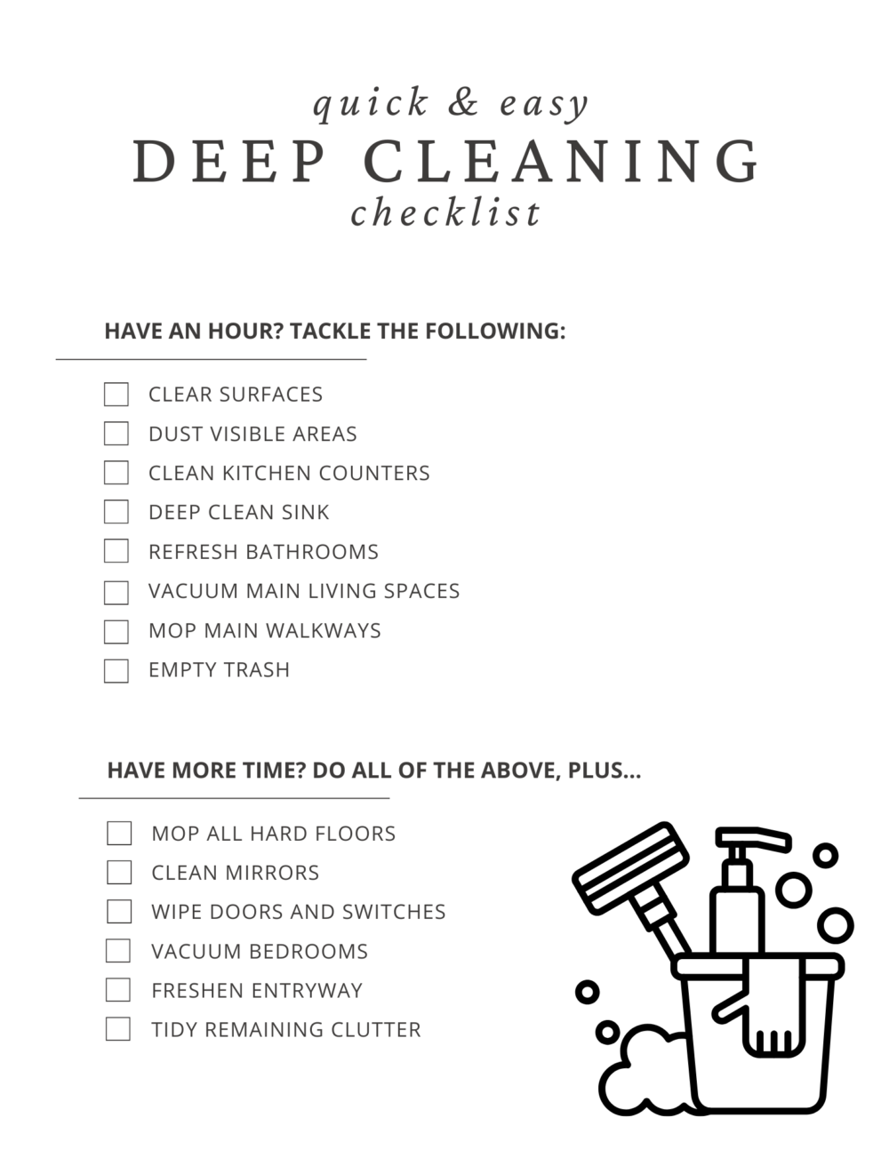 printable deep cleaning checklist for a 1-2 hour clean