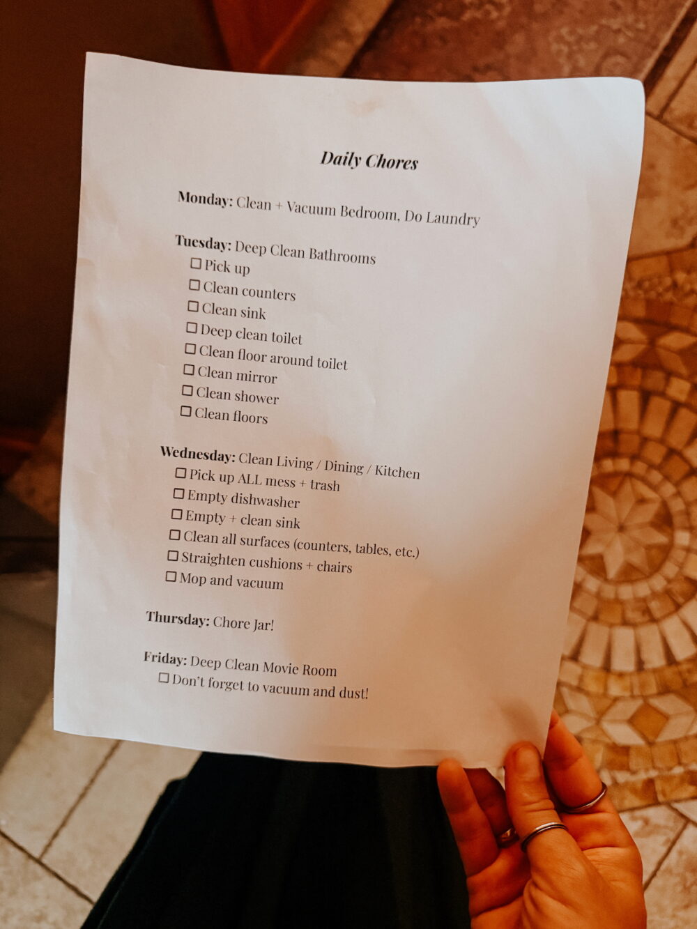 close up of daily chore list for kids
