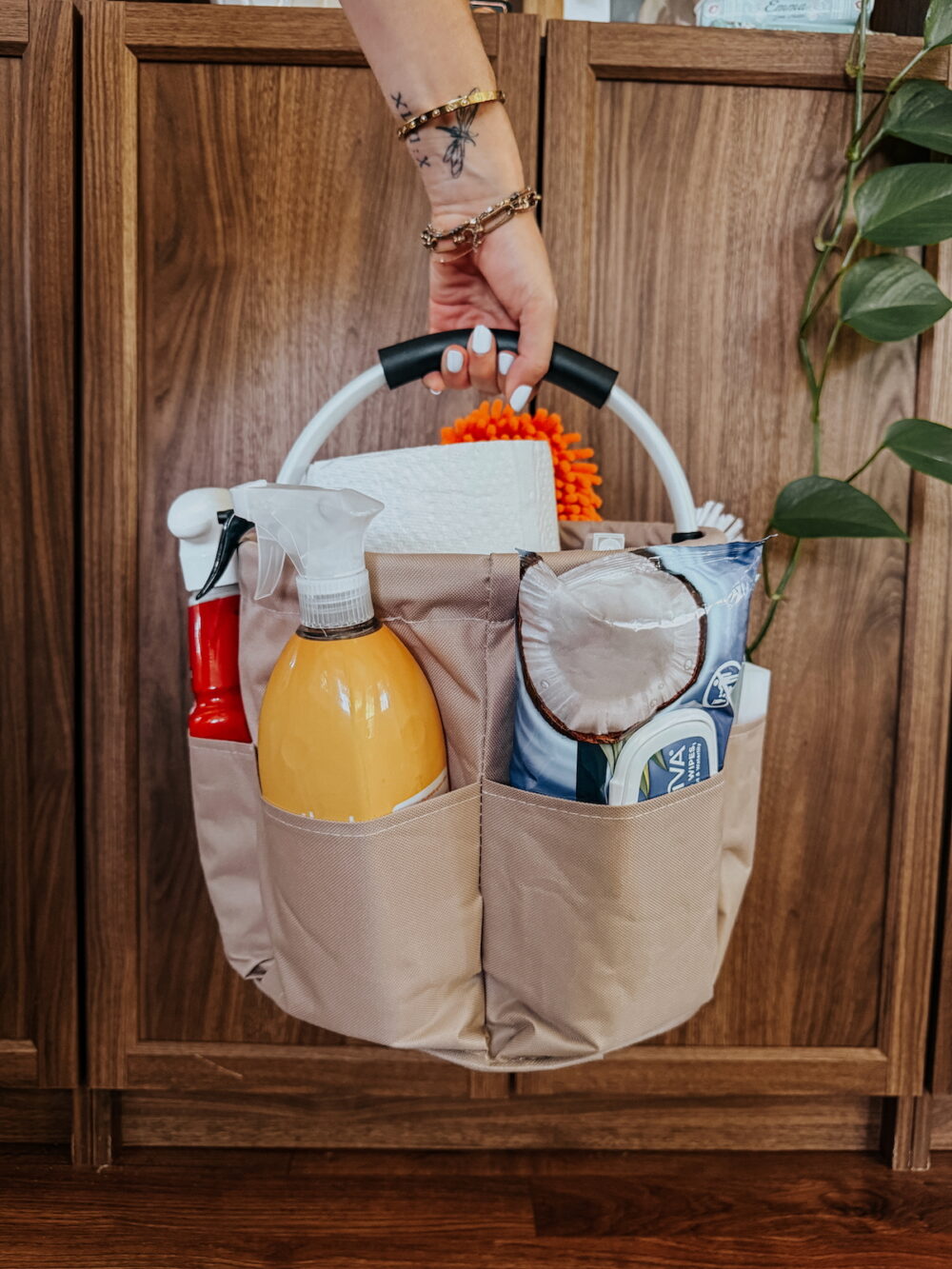 woman's hand holding a bucket with cleaning supplies