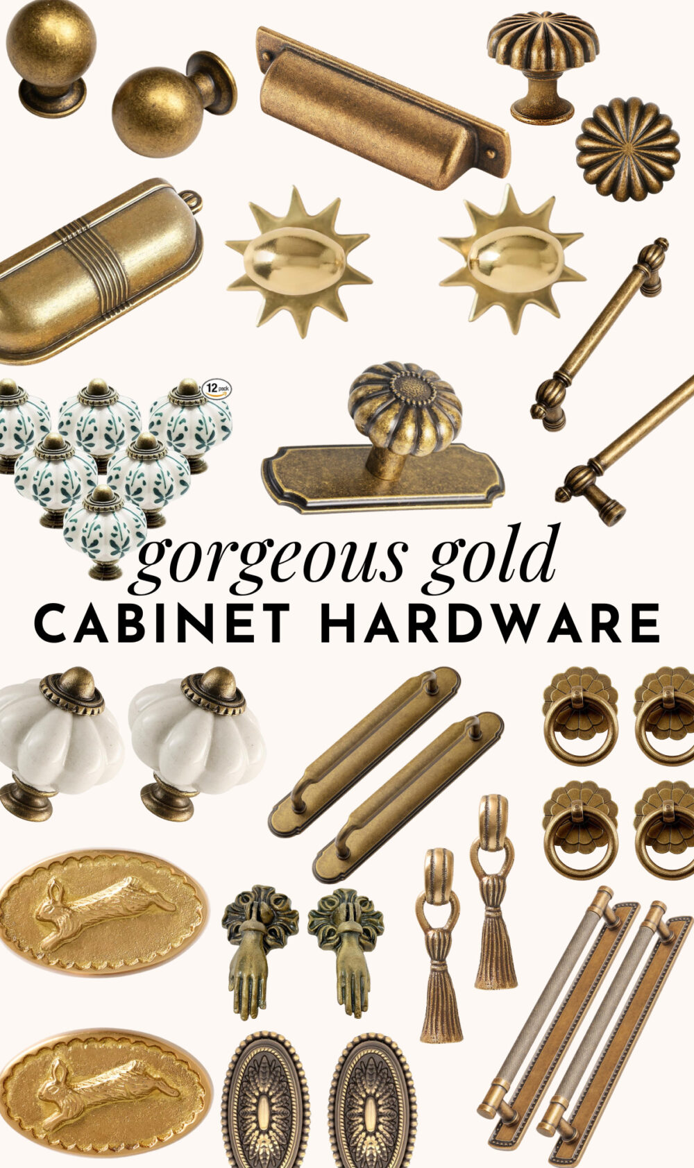 collage of vintage style gold hardwarefor cabinets and furniture