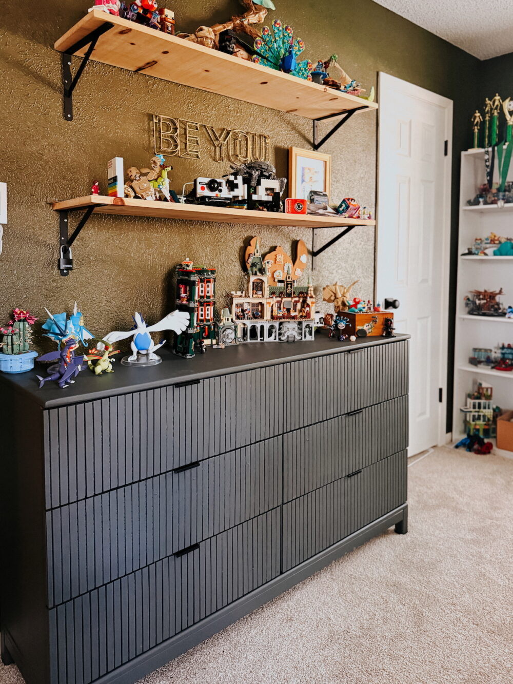tween bedroom with dresser covered in LEGO
