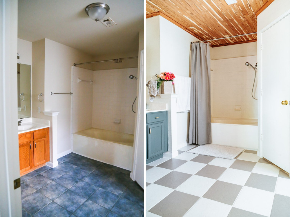 before and after of a very dated bathroom with projects that didn't require renovation