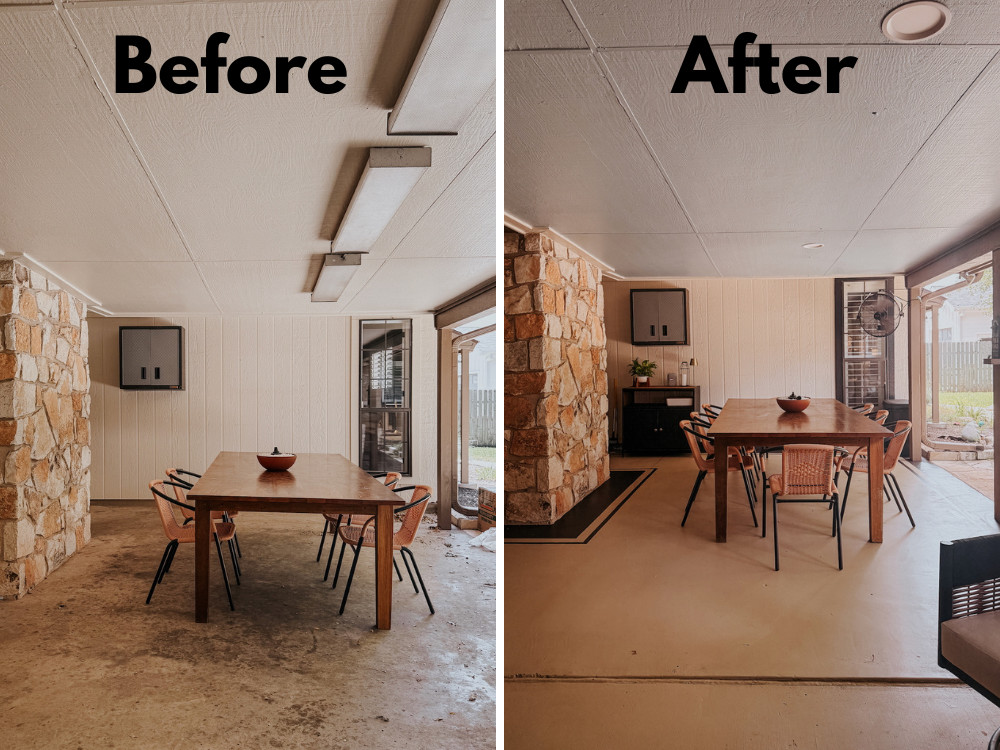before and after photo of patio makeover with just paint
