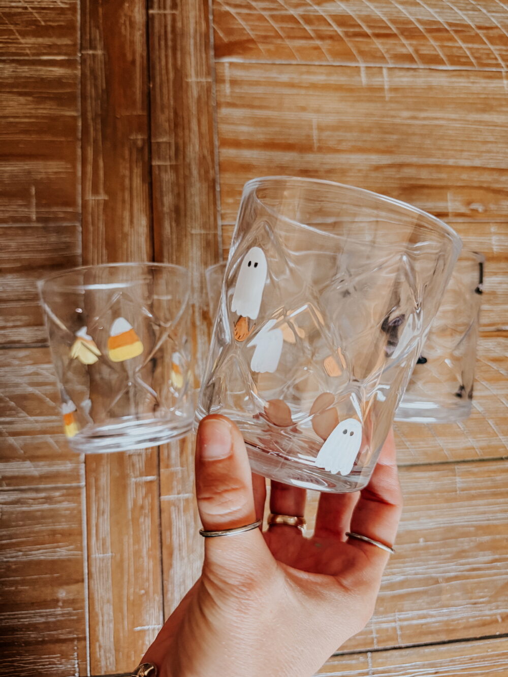 close up of DIY ghost glass for Halloween