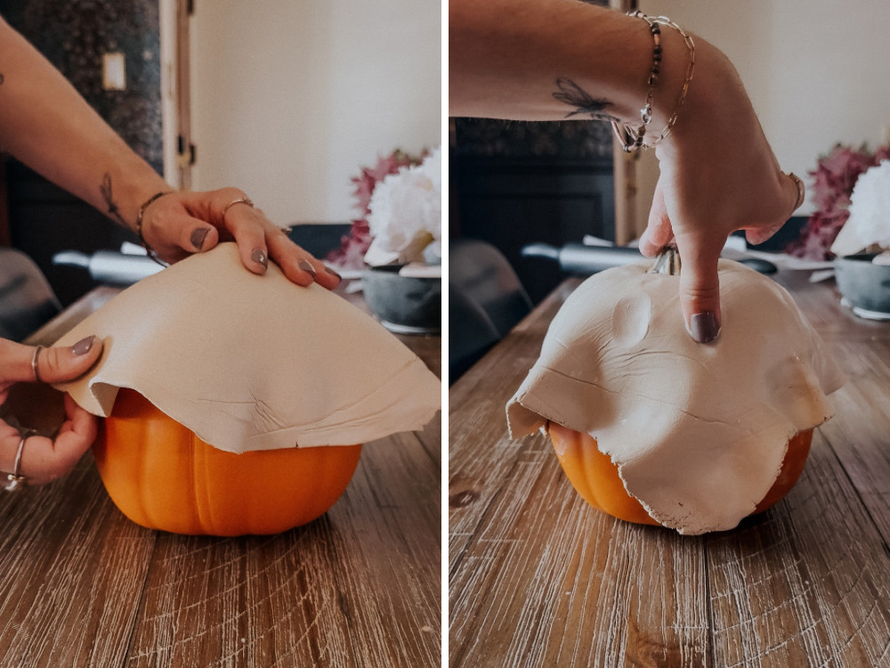 two images of a woman's hand working on forming air dry clay to make a DIY ghost pumpkin decoration for Halloween