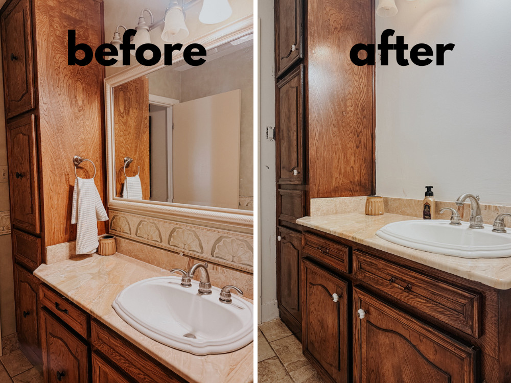 before and after of vanity with gel stain