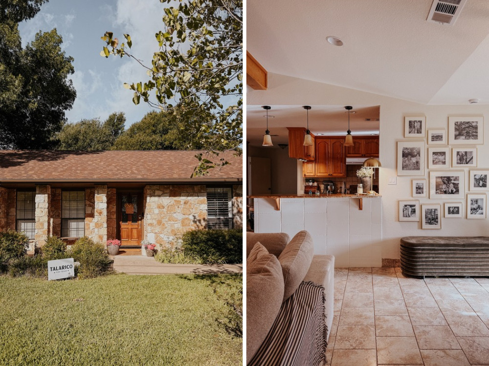two images of a home, on the left is an image of the front porch and on the right is an image of an entry with a gallery wall filled with gold frames and black and white photos