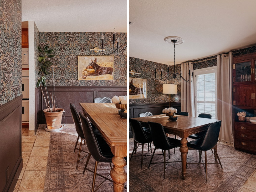 two images side by side of a moody, traditional dining room