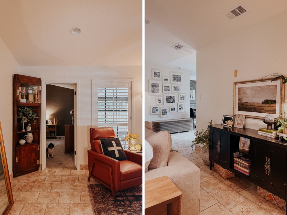 two images side by side of details in a cozy traditional living room
