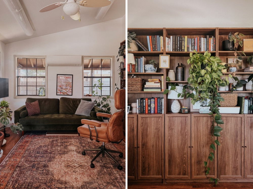 two images side by side of a bright office with wood shelves