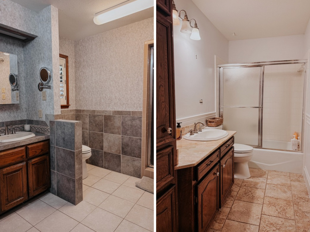two small, dated bathrooms side by side