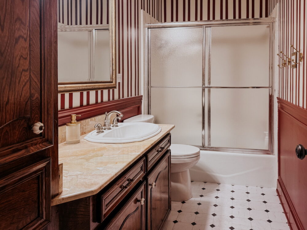 small bathroom with peel and stick floorpop tiles