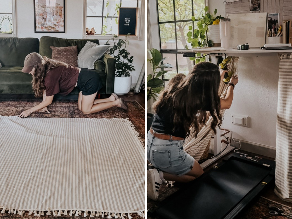 two images of a woman working on making a DIY desk skirt
