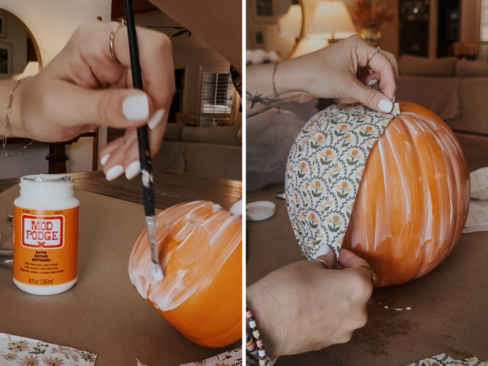 two images of a woman's hand decoupaging a faux pumpkin with paper napkins