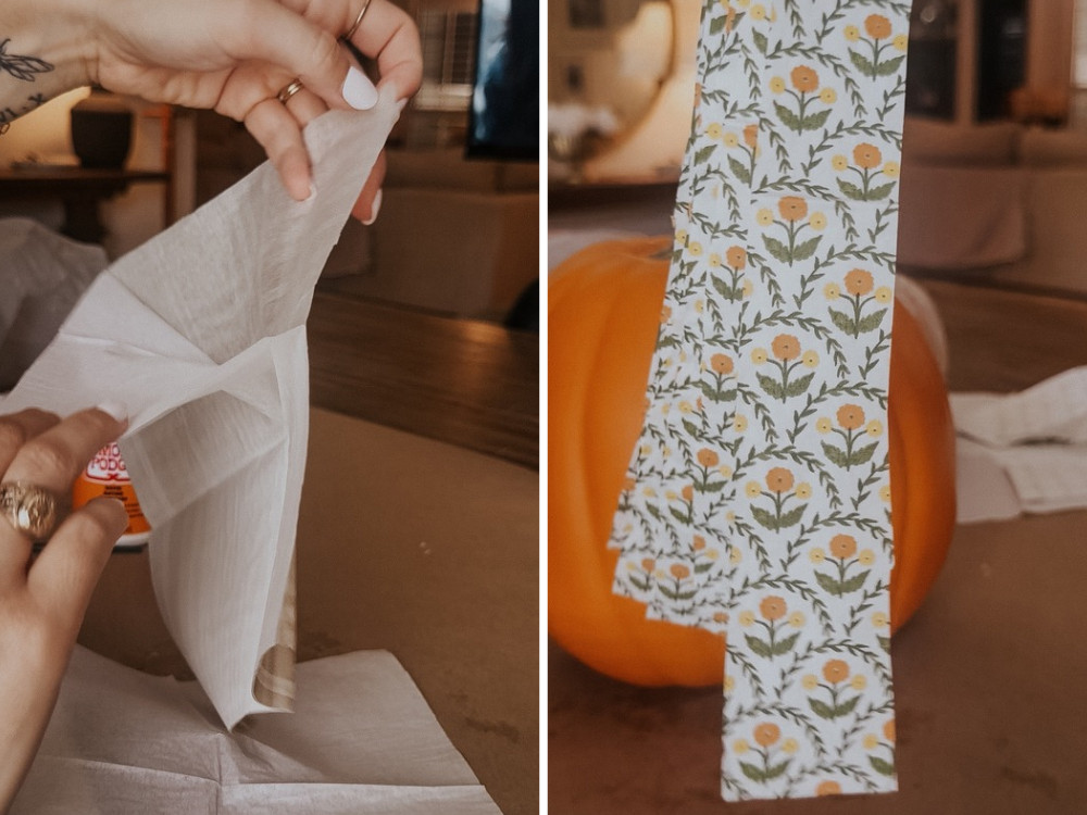 two side by side images, one of a woman separating the backing layer of a paper napkin and the other is a photo of strips of paper napkins