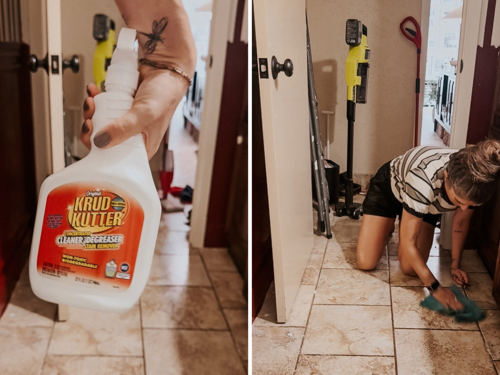 side by side image of Krud Kutter cleaner and degreaser and a woman cleaning a bathroom floor to prep for laying peel and stick floor tiles