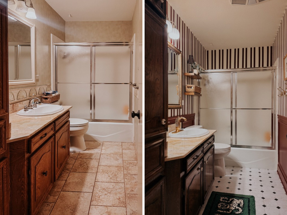 before and after of $500 bathroom makeover