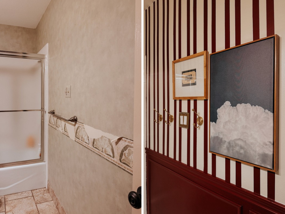 before and after of one wall in a bathroom makeover
