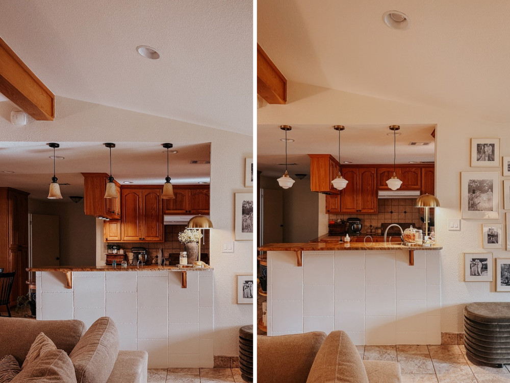 before and after of replacing pendant lights in a kitchen