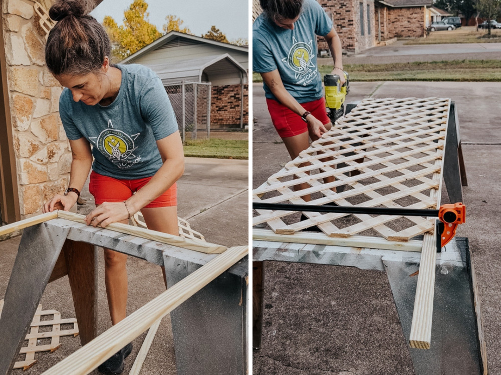 Woman building a trellis out of 1x2 and lattice panel