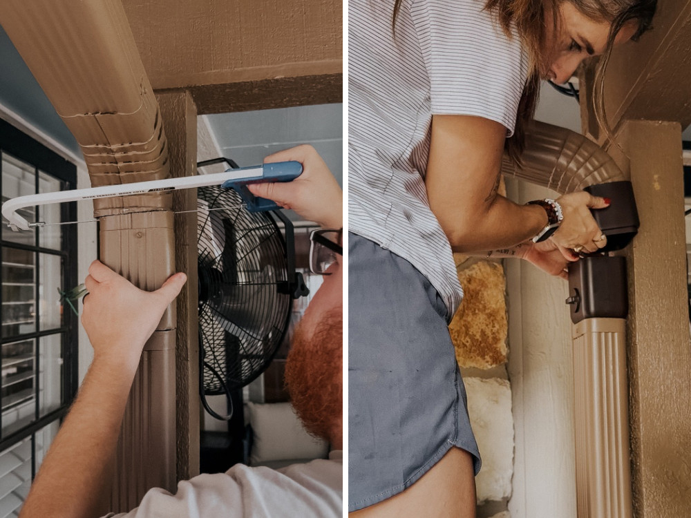 two images of the process of installing a diverter for a rain barrel