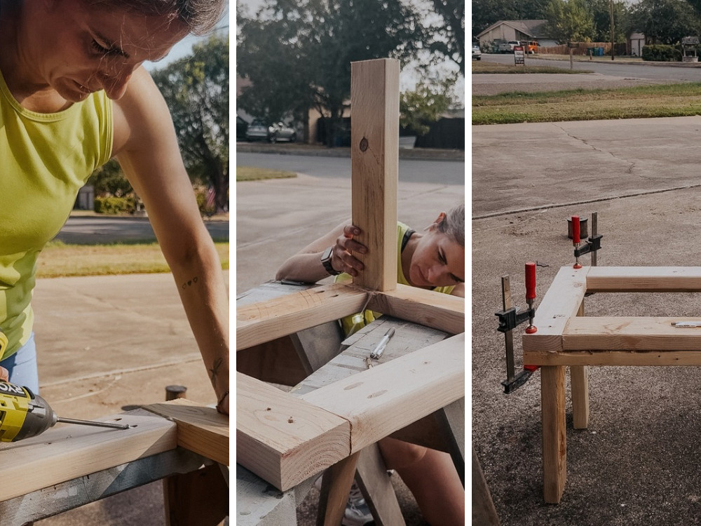 collage of woman building a stand for a rain barrel
