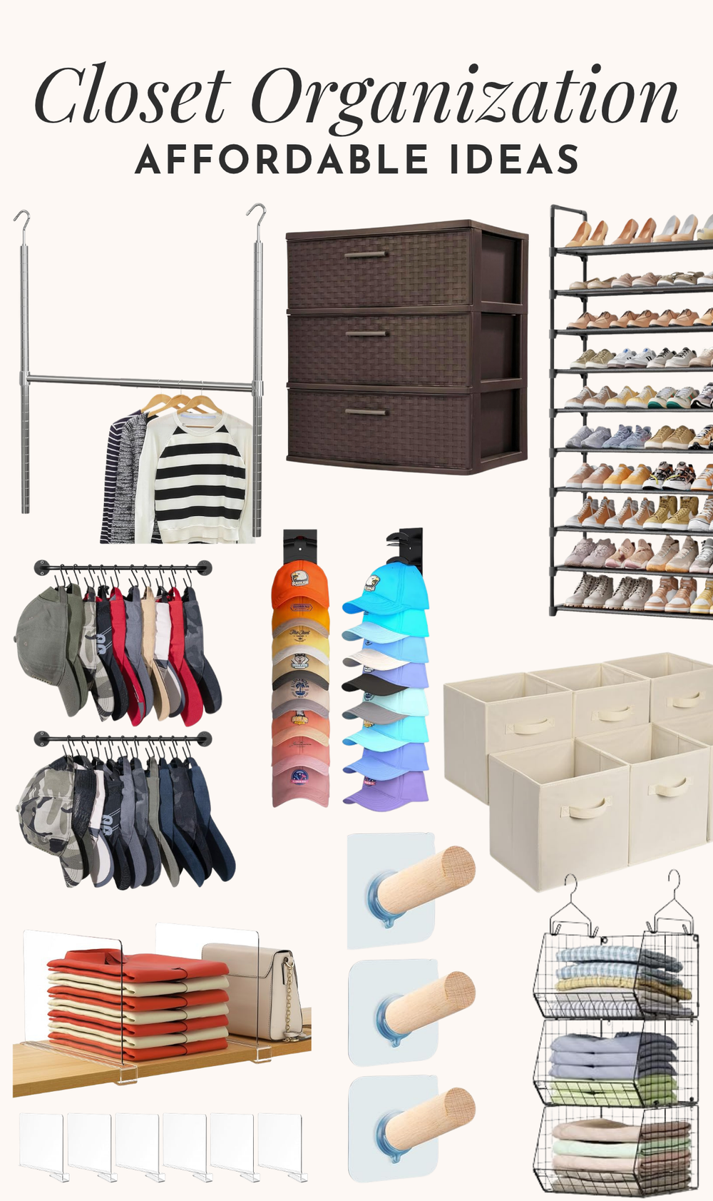 collage of closet storage solutions