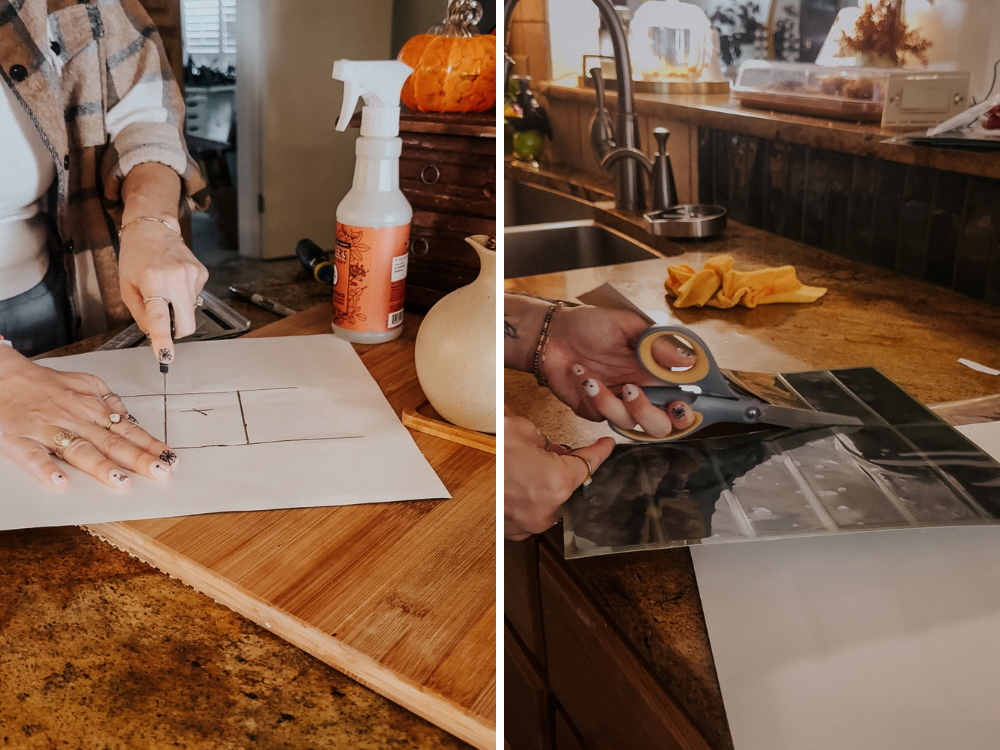 two images showing how to cut peel and stick tiles
