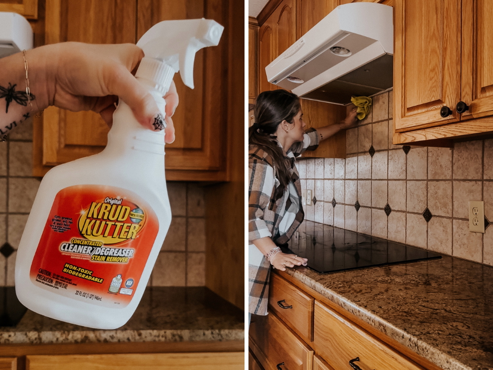 two images showing how to deep clean tile backsplash before installing peel and stick tiles