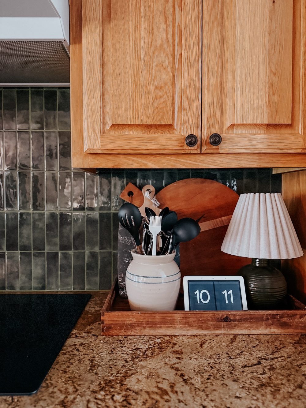 close up of peel and stick backsplash tiles