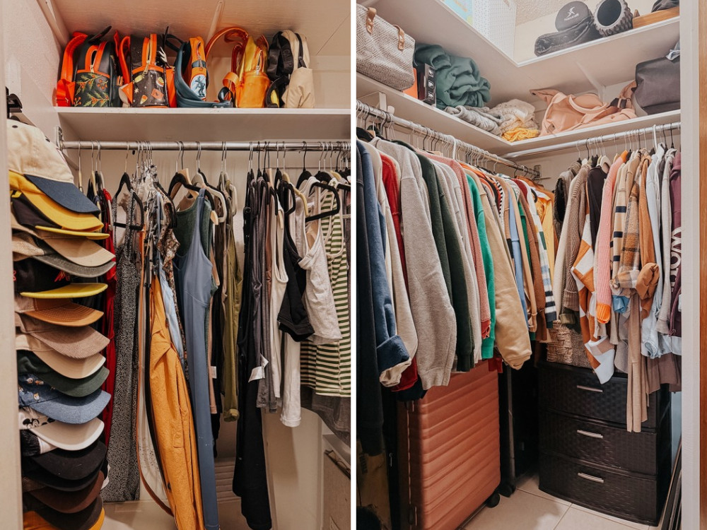two images of organized closets using simple, budget-friendly organization tools and solutions