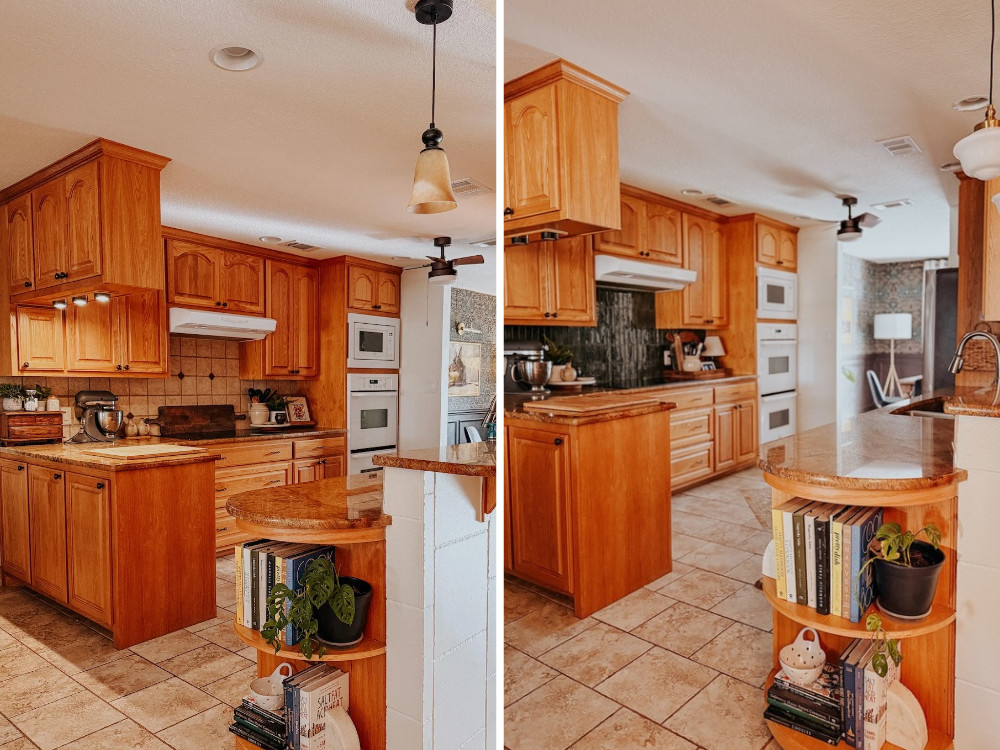 before and after of kitchen with peel and stick backsplash tiles