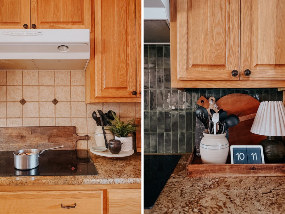 close up of kitchen backsplash before and after installing peel and stick tiles